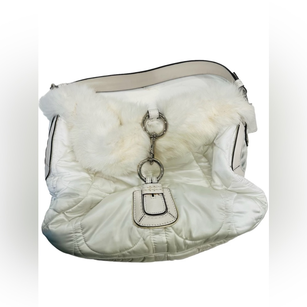 Coach white silk bag with fur lining